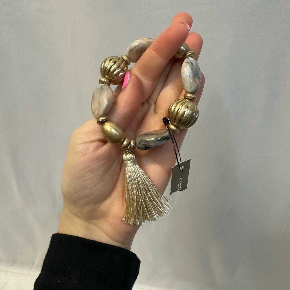 Chicos Faux Stone Tassel Slip On Bracelet Gold Marble NWT